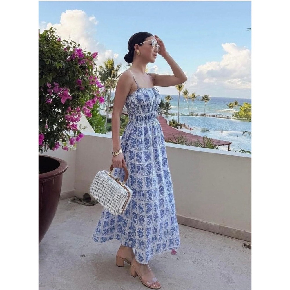 Abercrombie & Fitch Blue White Fruit Stamp Smocked Tie-Front Maxi Dress Flowy XL